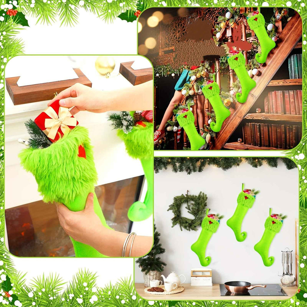 Vibrant Neon Green Extra Long Christmas Stockings - 19 Inch Holiday Decor with Ring Hanging Decorations