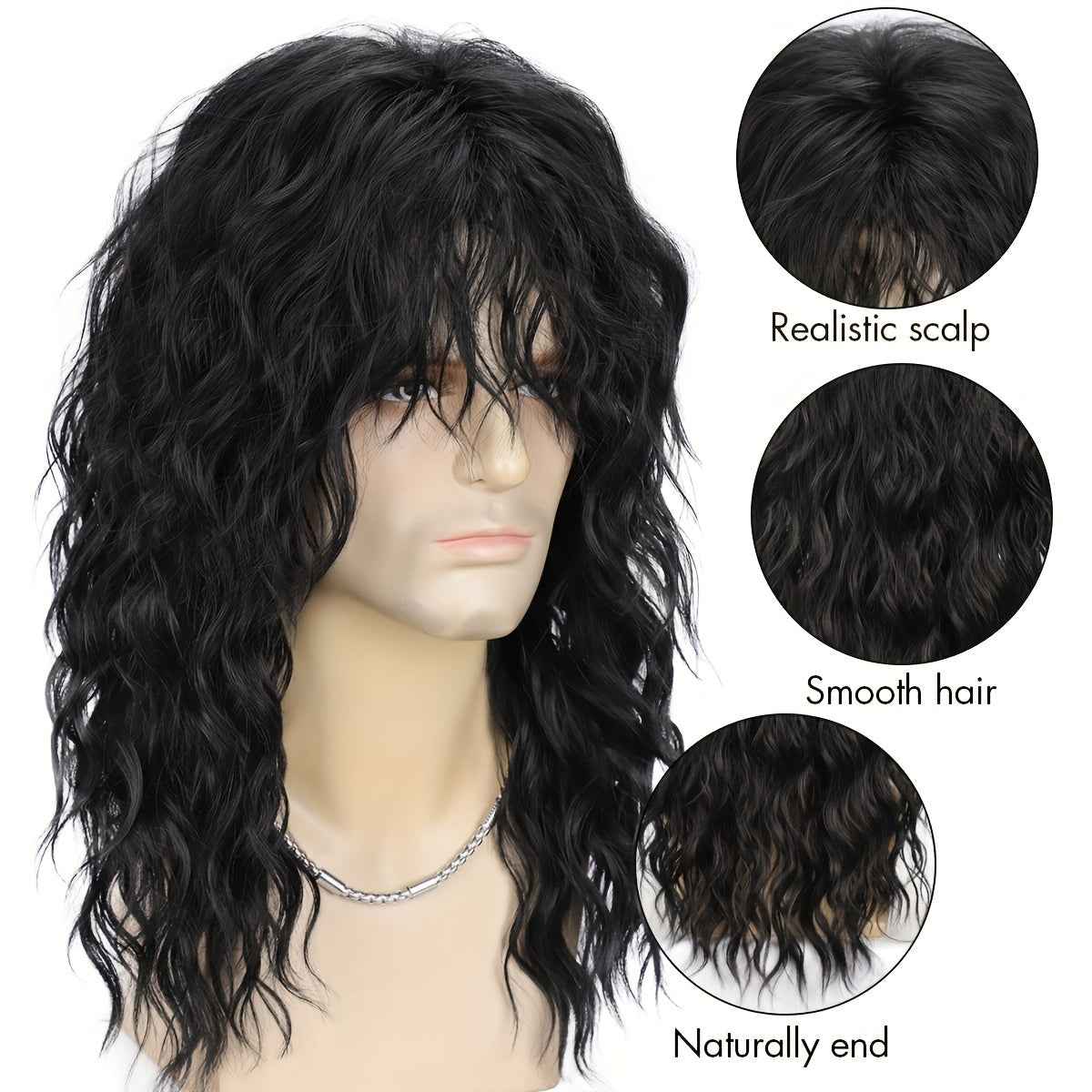 1pc Men's 70s 80s Rock Punk Wig with Long Heat Resistant Curly Hair, Breathable Net Cap for Theme Parties, Music Festivals, Halloween & Cosplay (Black, Vintage Rockstar Costume Synthetic Hair)