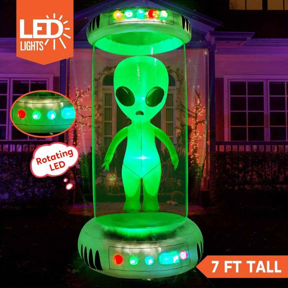 Alien Halloween Inflatable Outdoor Decoration, Alien Inflatable Halloween Decor Outdoor with Animated LEDs, Blow Ups Alien Decorations with Test Tube for Yard Garden Lawn Decor