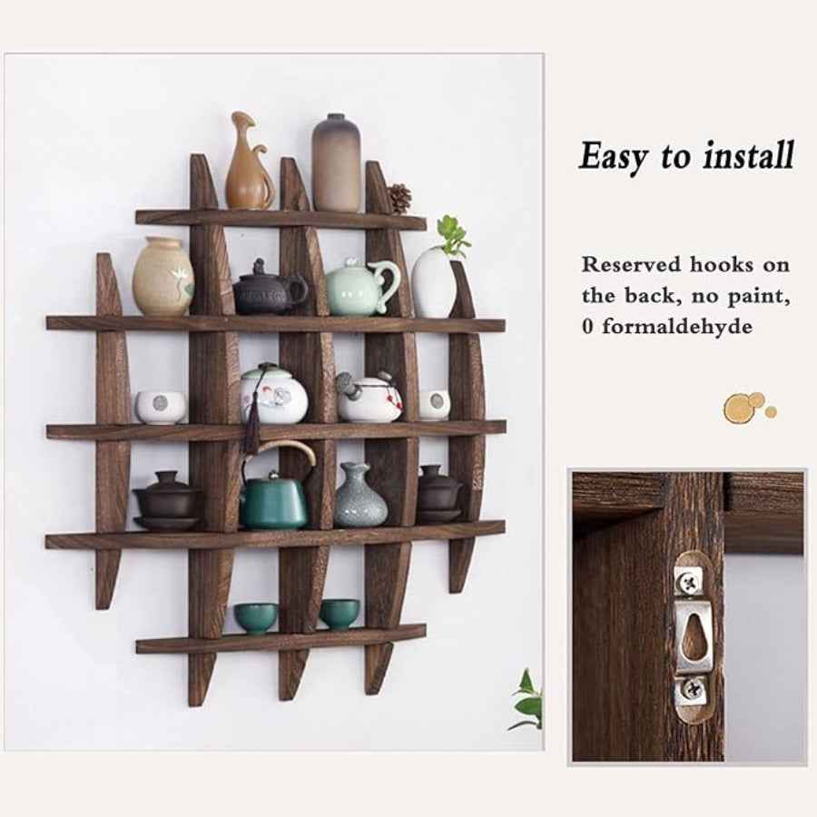 Retro multi-functional solid wood storage rack, multi-slot wall-mounted cup holder, suitable for living rooms, offices, kitchens and wall decoration racks, as well as perfume storage. It features a traditional design style and is sturdy and durable