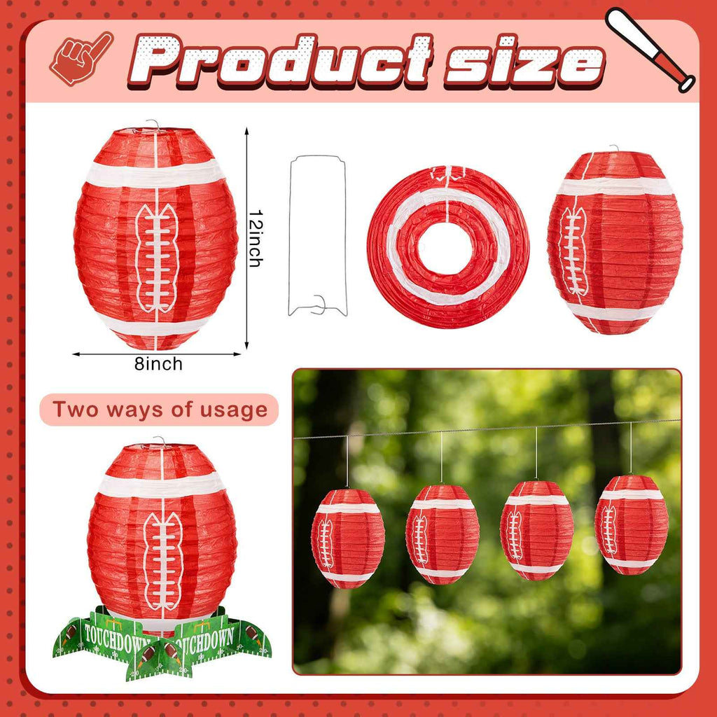 8pcs Football Paper Lantern Sports Fan Party Decor Table Centerpiece Decoration Set Soccerball Game Lantern with Stand Pieces for Game Day Tailgates Stadium Party Supply, 12 Inches (Red)