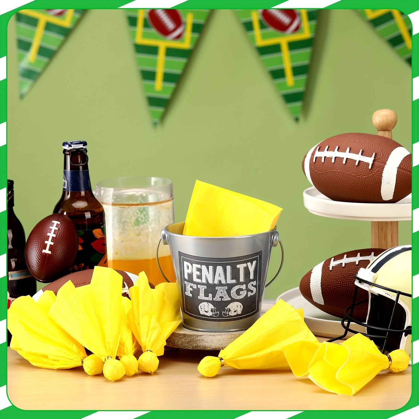Set of 50 Yellow Napkins, a Silver Bucket, Penalty Flag Stickers, Perfect for Decorating a Football Tailgate Party