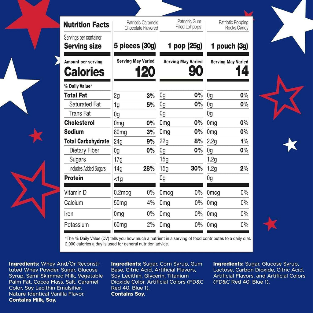 CRAZYOUTLET Patriotic Candy Assortment - 3 Pound Bulk Pack (About 185 Count) - July 4th Chocolate Caramels, Lollipops, Popping Rocks Pouches