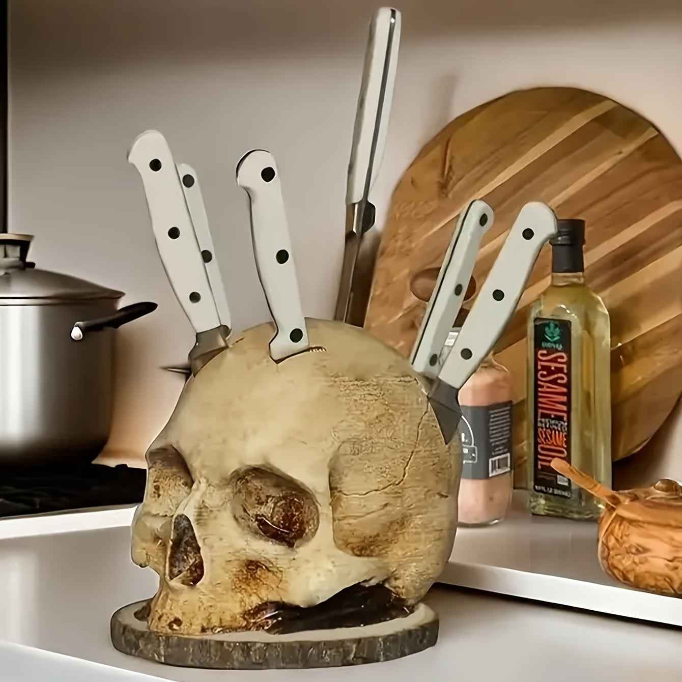 Skull Knife Holder for Kitchen Storage Skeleton Knife Stand Kitchen Decorations Horror Kitchen Storage Head Rack Kitchen Fruit Storage Rack Decoration Scary Party Fruit Storage Rack Gray