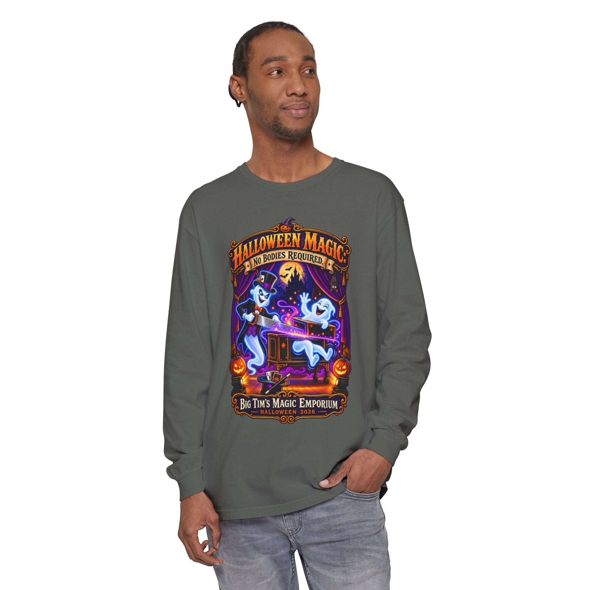 Halloween Magic Long Sleeve Tee — "No Bodies Required" Ghosts Design by Printify