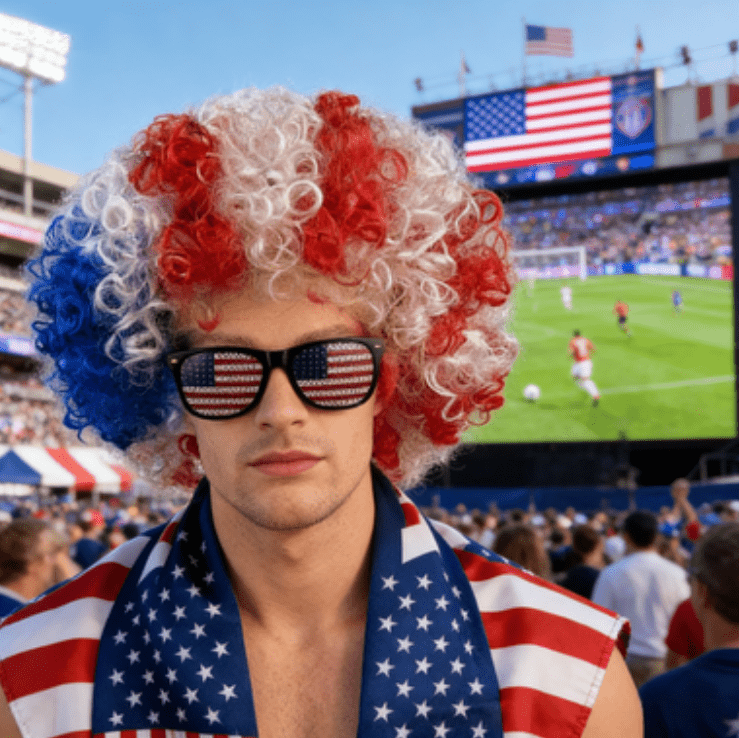 Set of Three Cheering Items in USA Colors, Including a Wig, Glasses, And a Shawl, Perfect for Events Themed Around The USA, Canada, And Mexico. Ideal for Family Viewing Parties And Soccer Fans