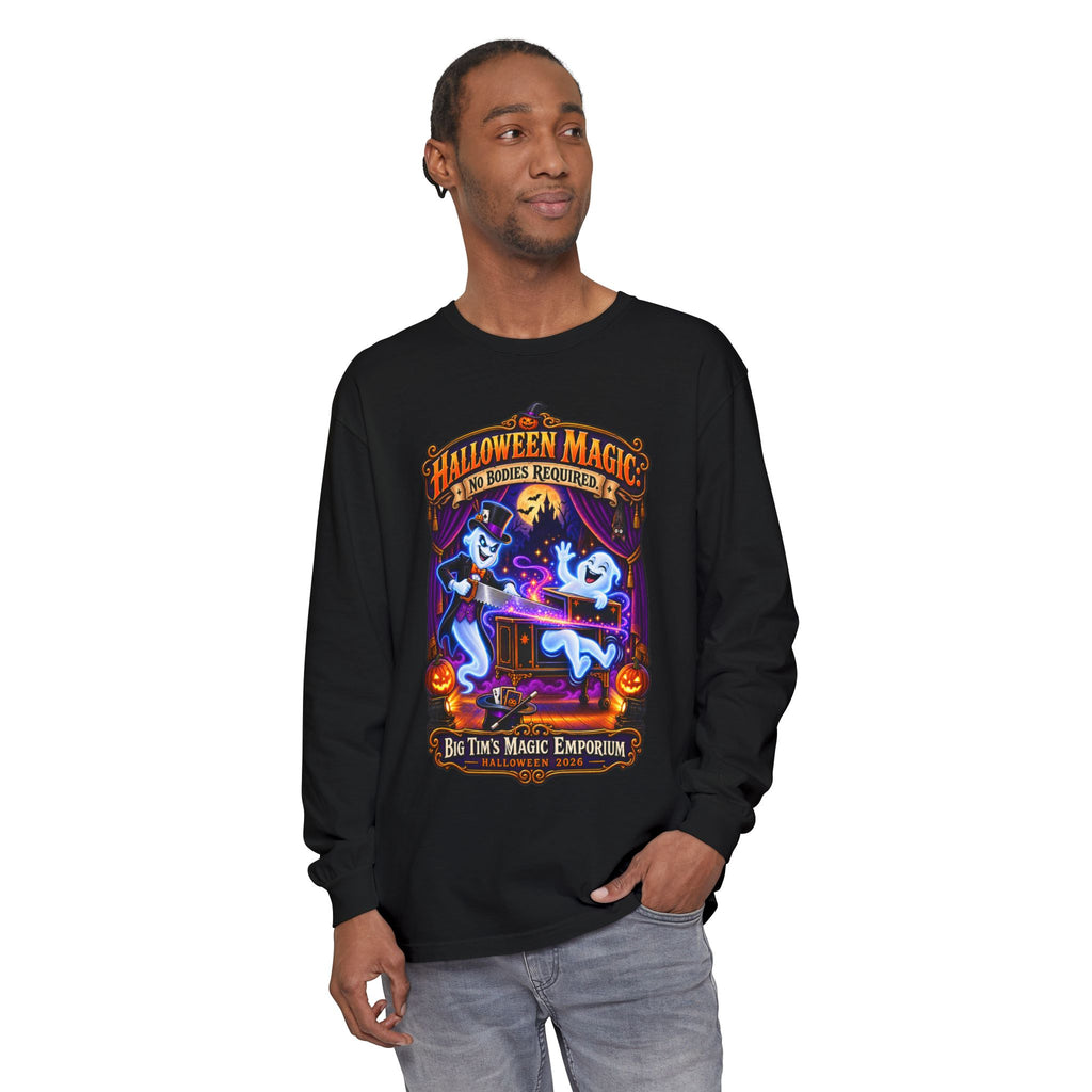 Halloween Magic Long Sleeve Tee — "No Bodies Required" Ghosts Design by Printify