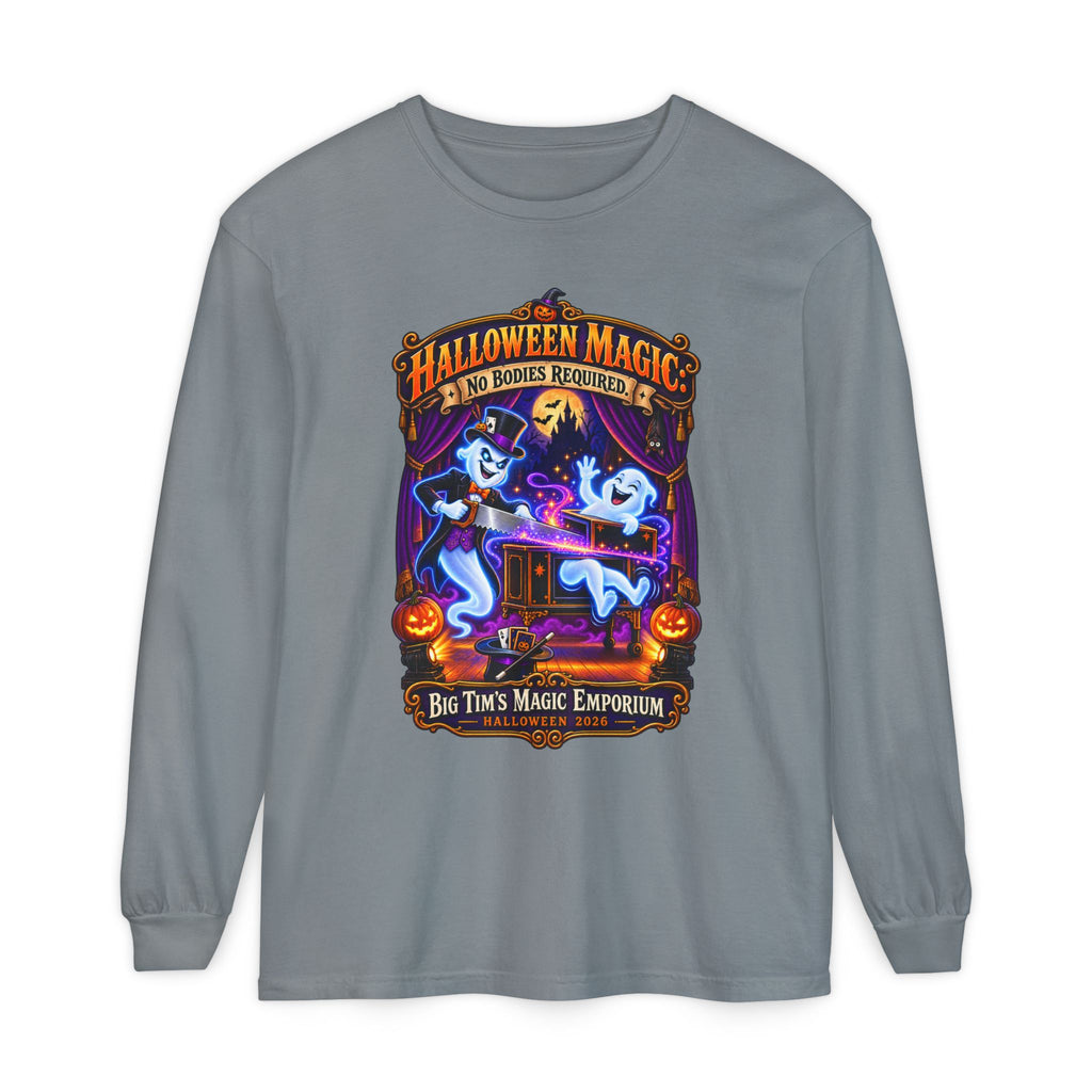 Halloween Magic Long Sleeve Tee — "No Bodies Required" Ghosts Design by Printify
