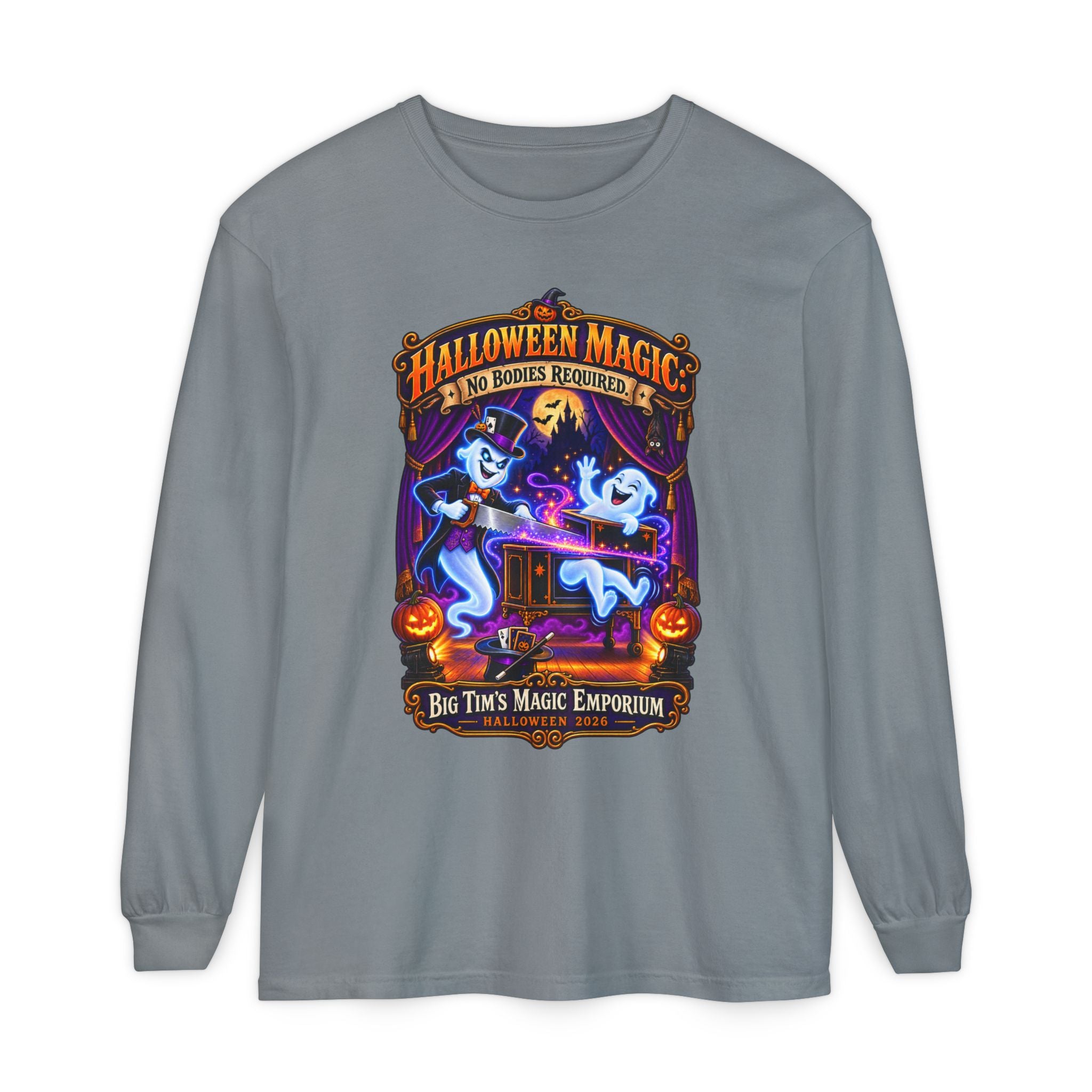 Halloween Magic Long Sleeve Tee — "No Bodies Required" Ghosts Design by Printify