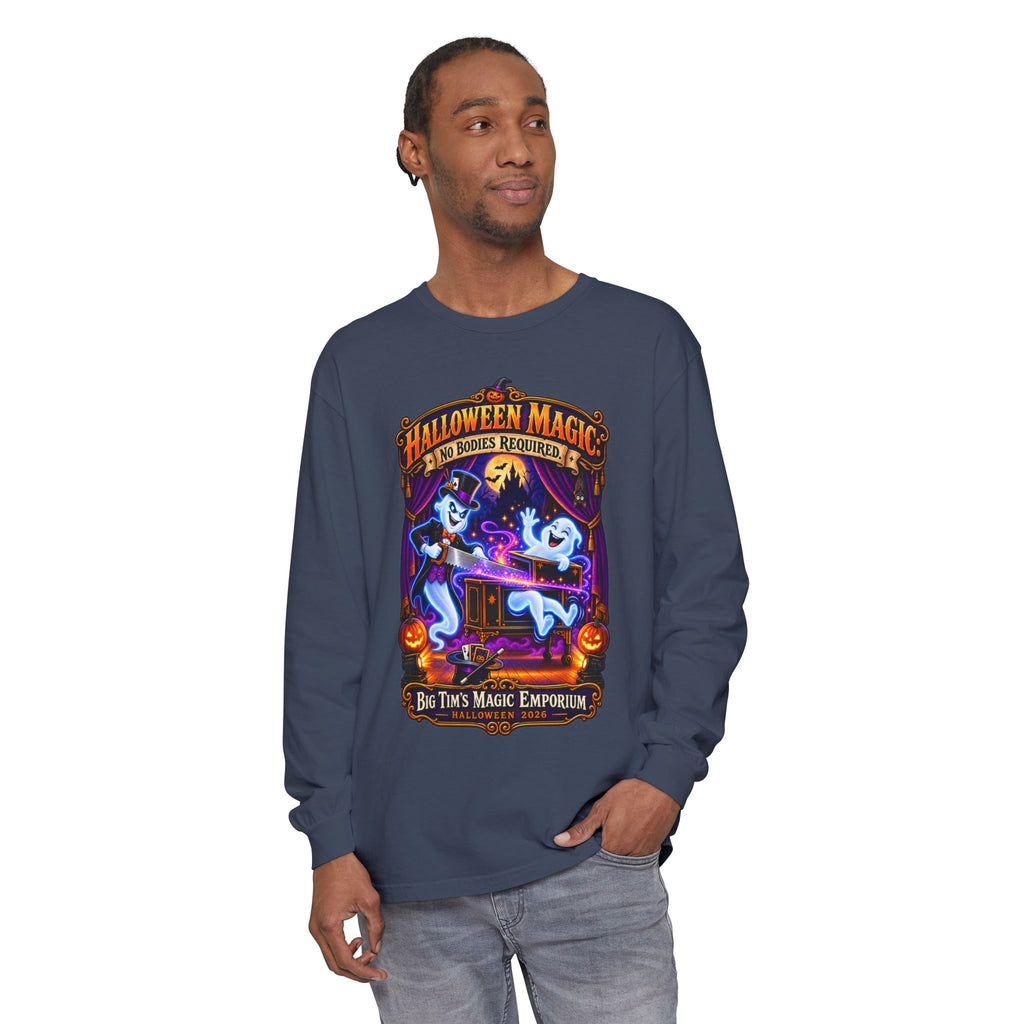 Halloween Magic Long Sleeve Tee — "No Bodies Required" Ghosts Design by Printify