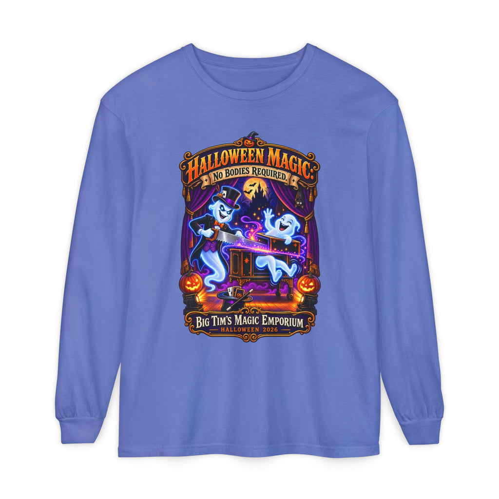Halloween Magic Long Sleeve Tee — "No Bodies Required" Ghosts Design by Printify
