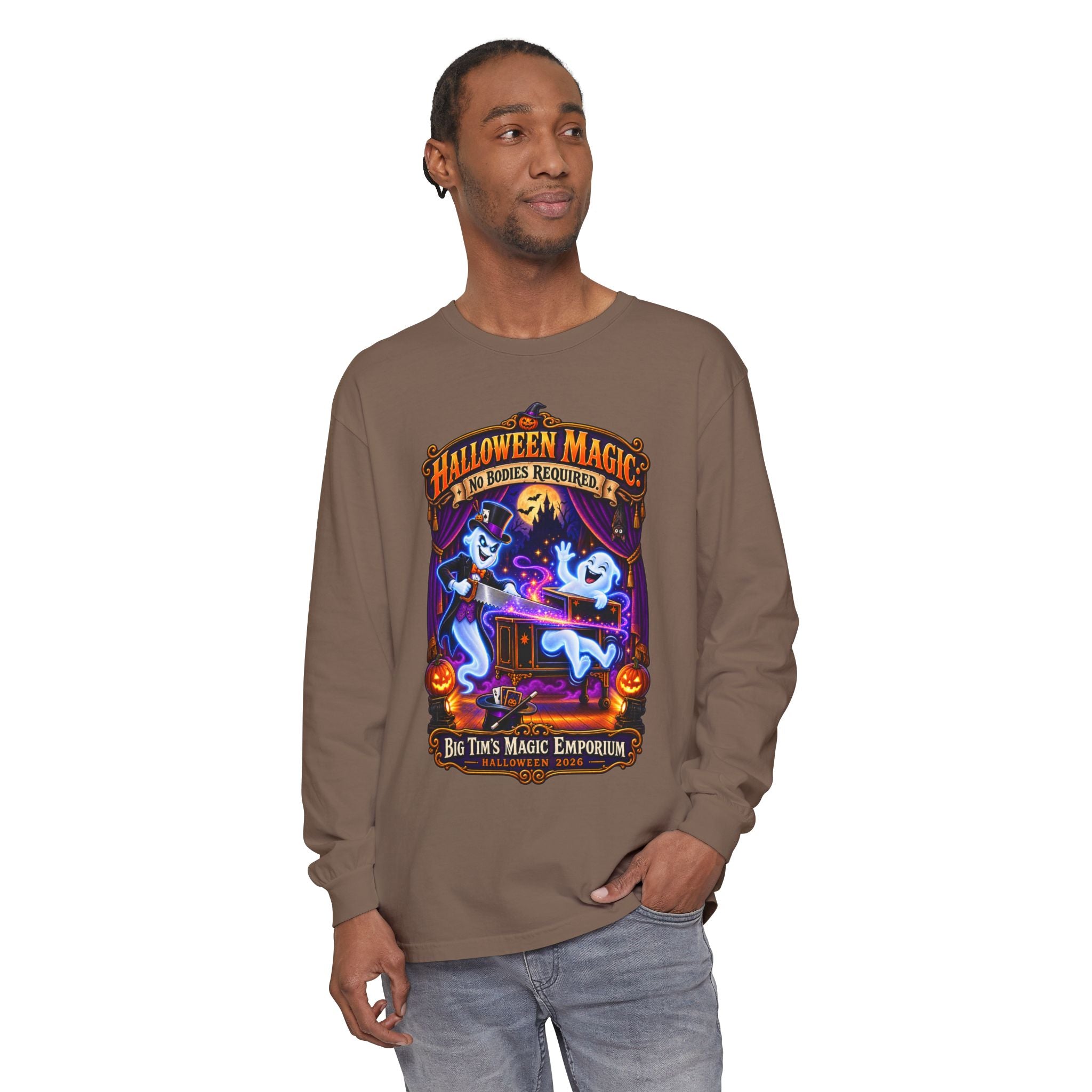Halloween Magic Long Sleeve Tee — "No Bodies Required" Ghosts Design by Printify