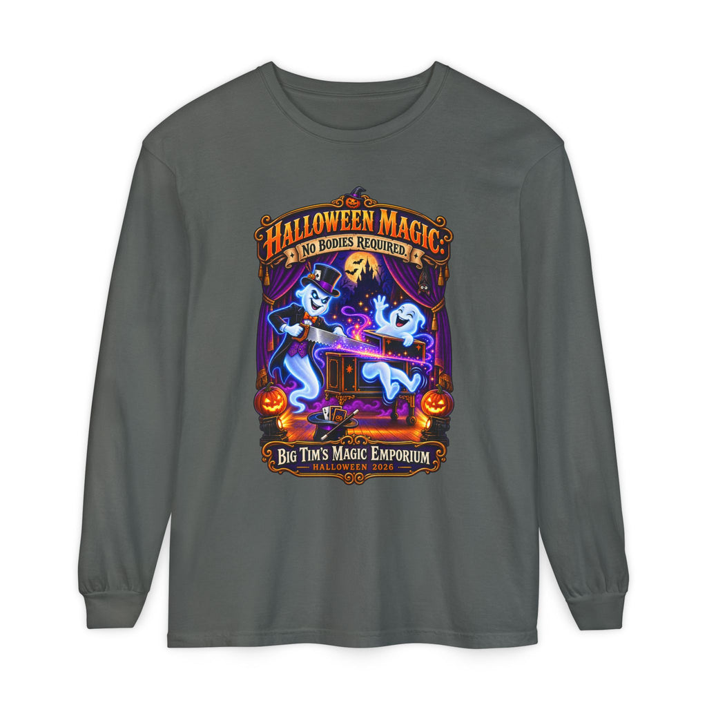 Halloween Magic Long Sleeve Tee — "No Bodies Required" Ghosts Design by Printify