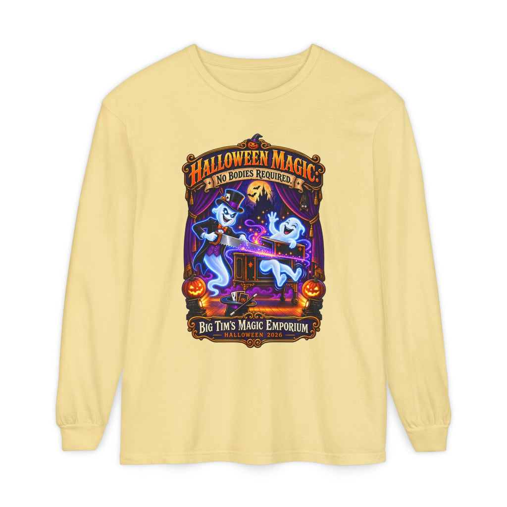 Halloween Magic Long Sleeve Tee — "No Bodies Required" Ghosts Design by Printify