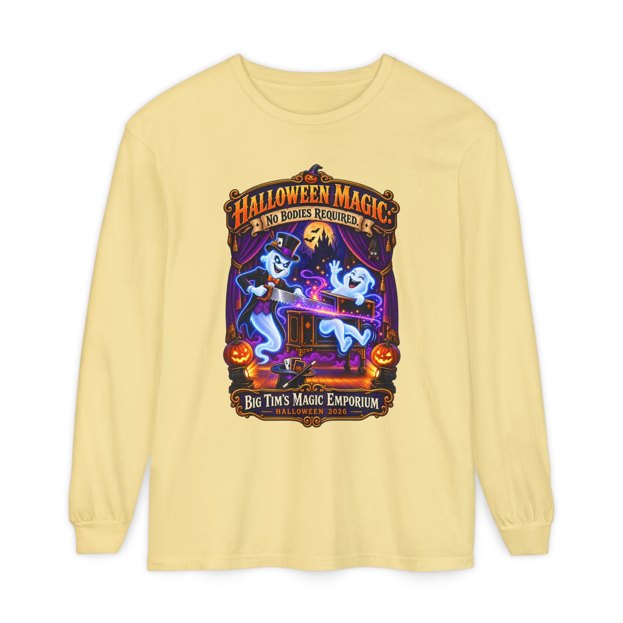 Halloween Magic Long Sleeve Tee — "No Bodies Required" Ghosts Design by Printify