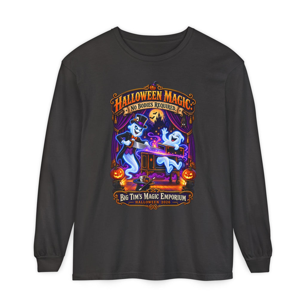 Halloween Magic Long Sleeve Tee — "No Bodies Required" Ghosts Design by Printify