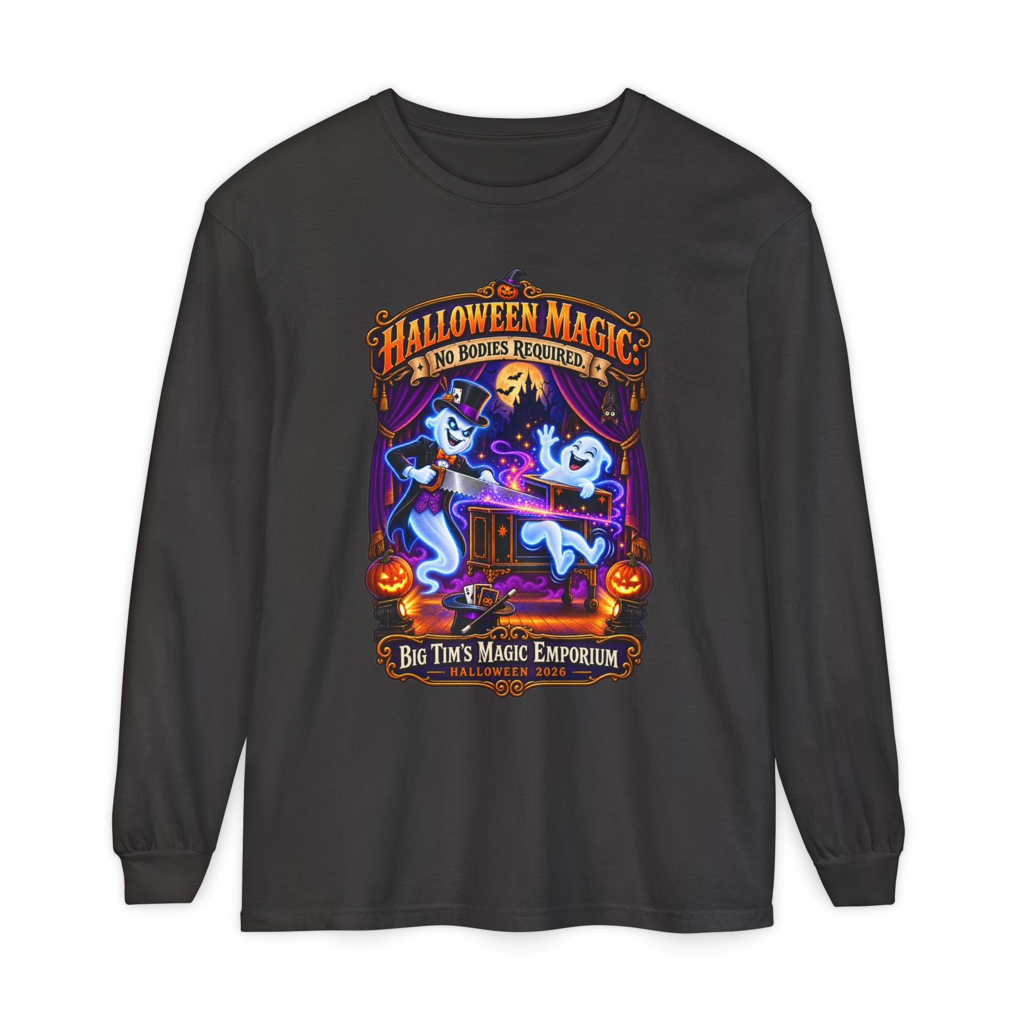 Halloween Magic Long Sleeve Tee — "No Bodies Required" Ghosts Design by Printify