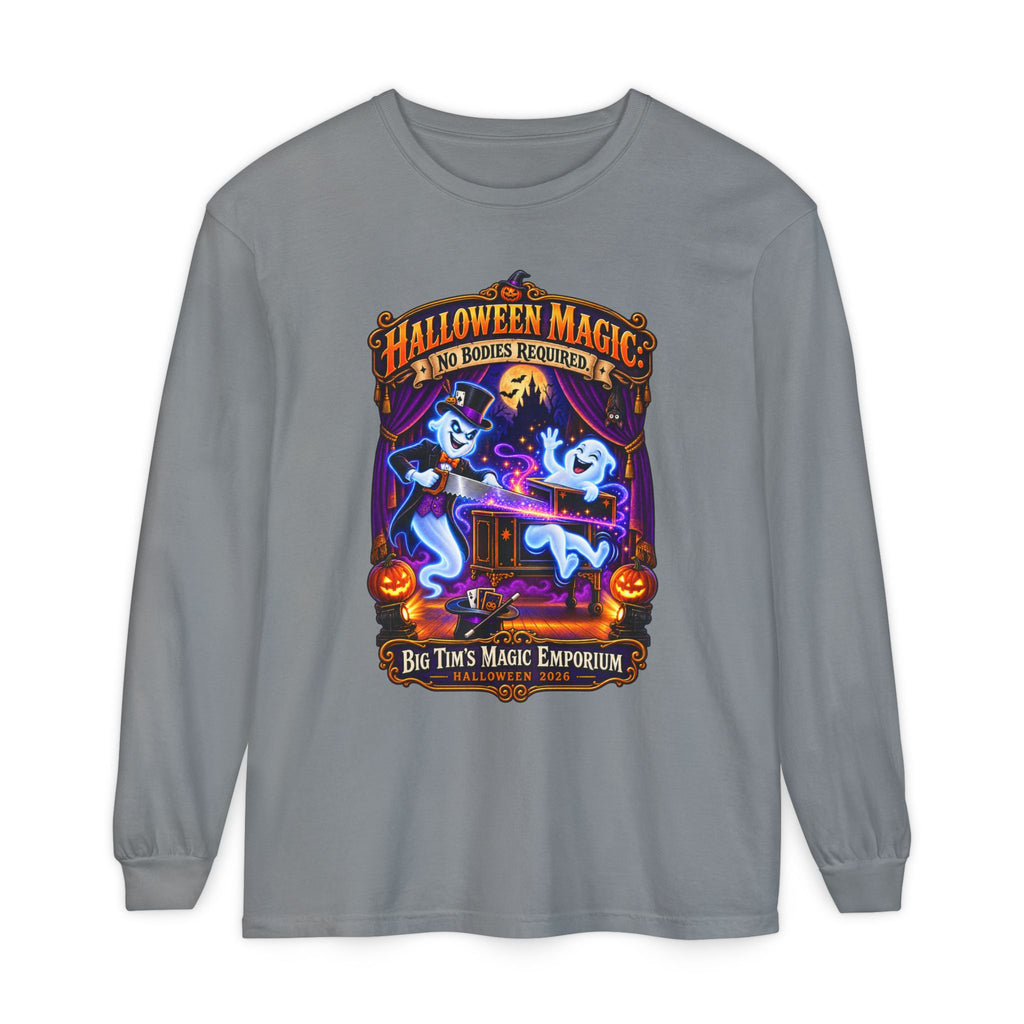 Halloween Magic Long Sleeve Tee — "No Bodies Required" Ghosts Design by Printify