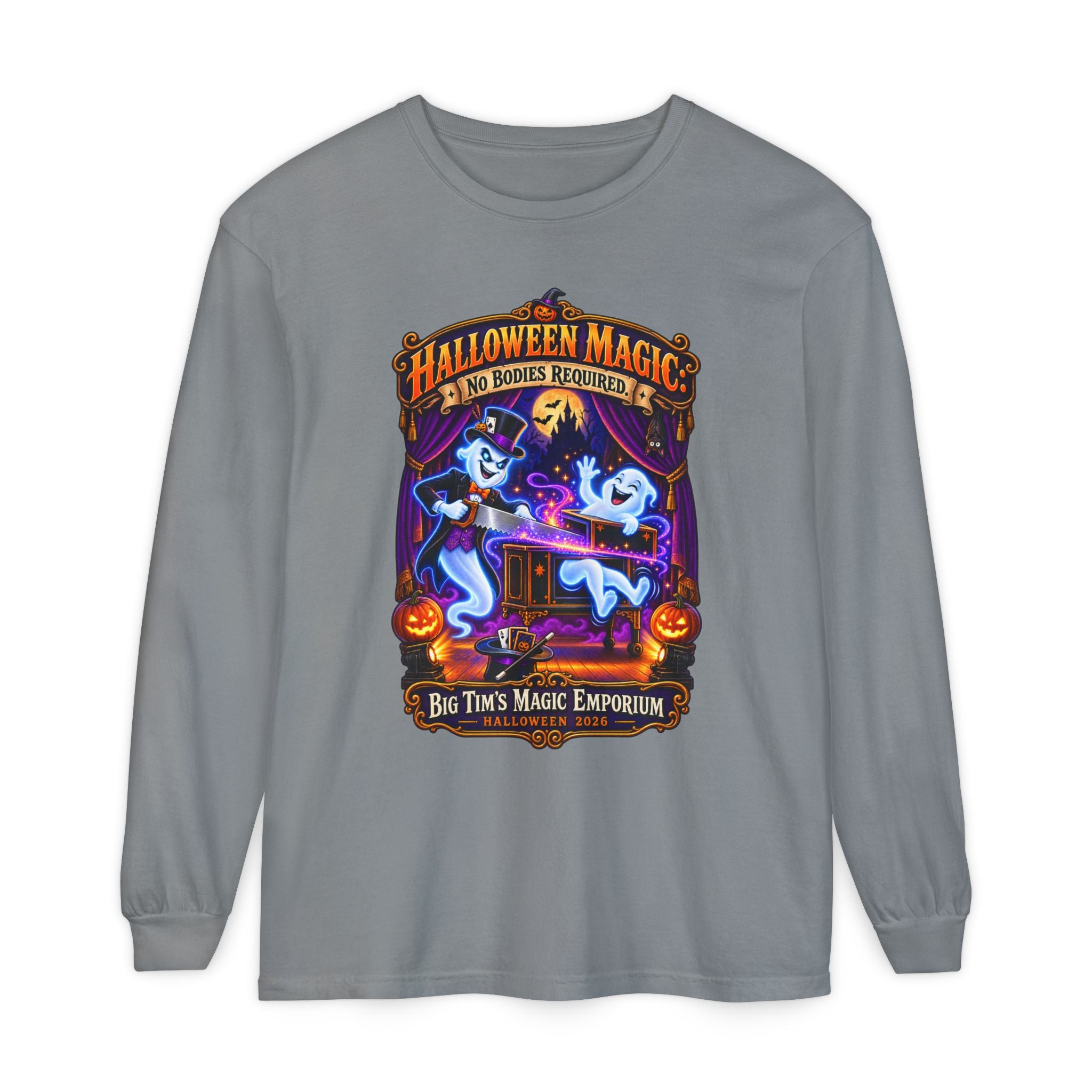 Halloween Magic Long Sleeve Tee — "No Bodies Required" Ghosts Design by Printify