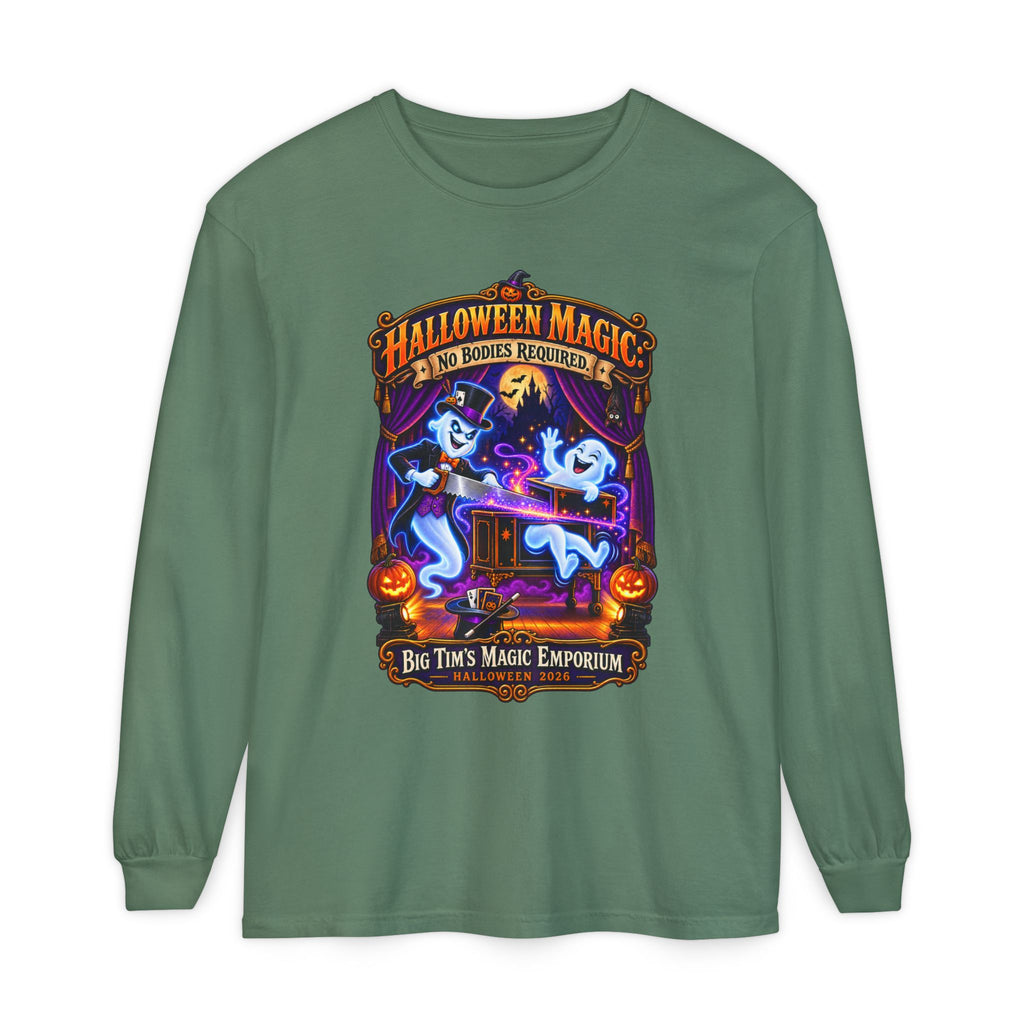 Halloween Magic Long Sleeve Tee — "No Bodies Required" Ghosts Design by Printify
