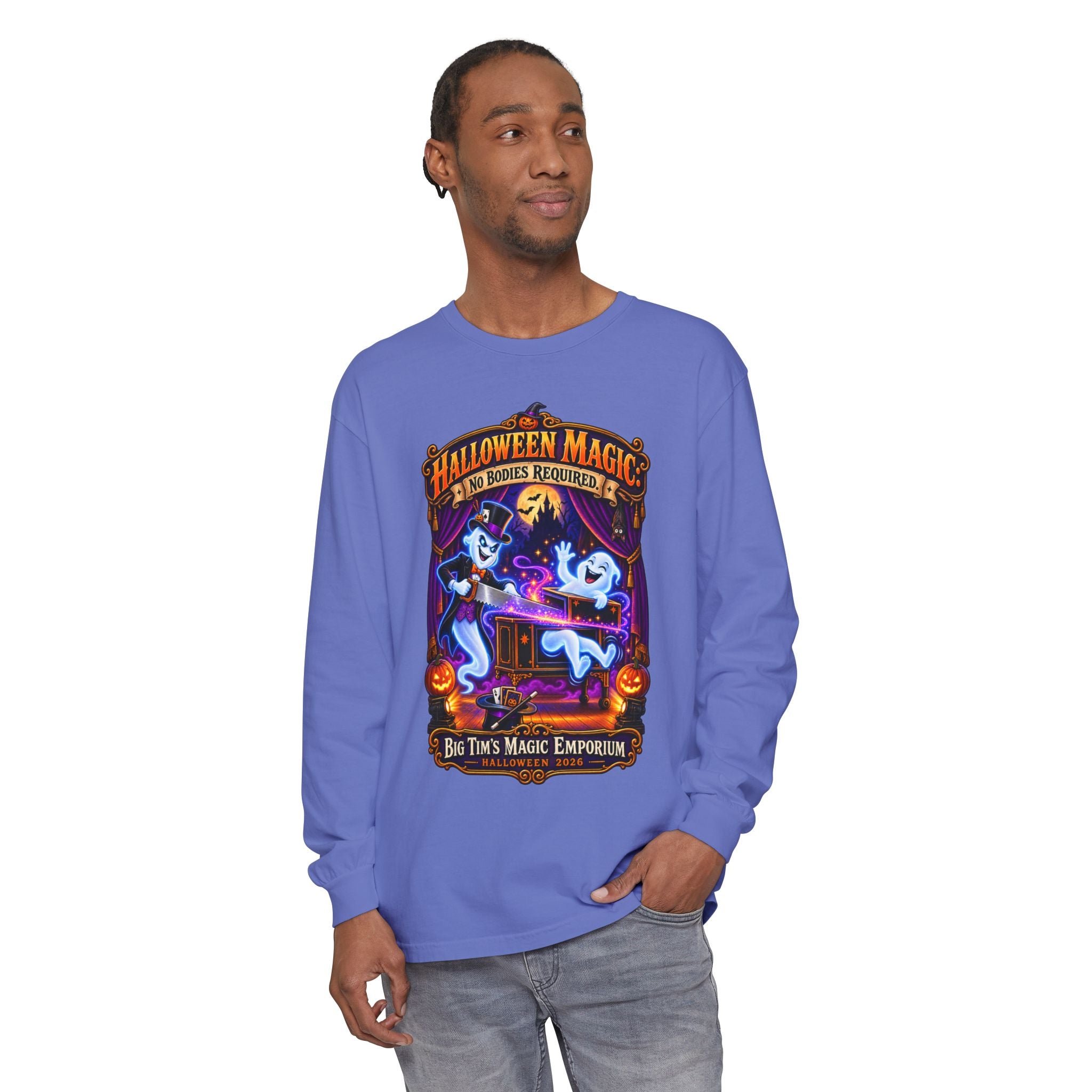 Halloween Magic Long Sleeve Tee — "No Bodies Required" Ghosts Design by Printify