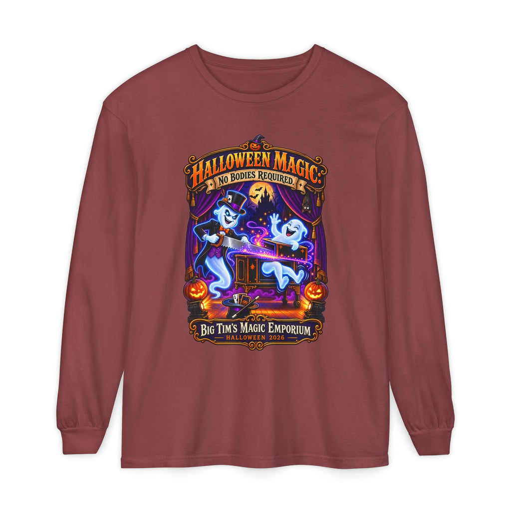 Halloween Magic Long Sleeve Tee — "No Bodies Required" Ghosts Design by Printify