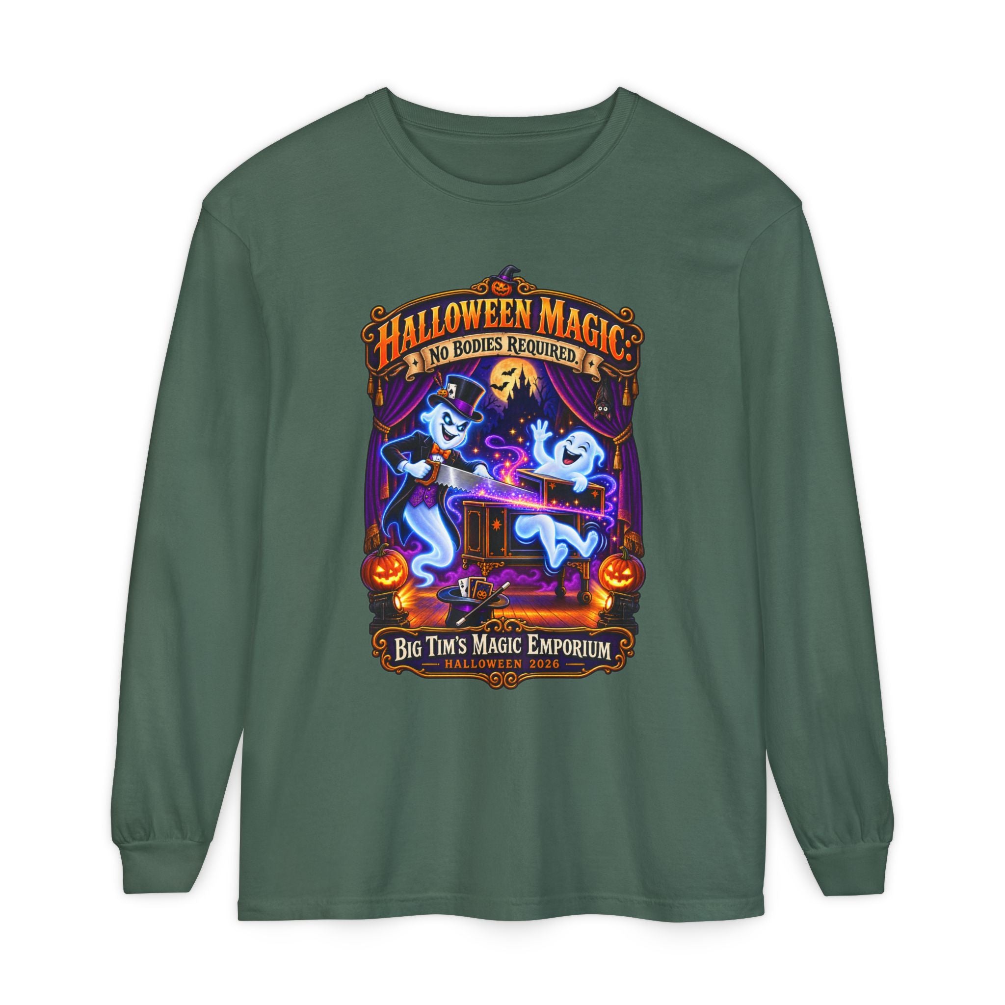 Halloween Magic Long Sleeve Tee — "No Bodies Required" Ghosts Design by Printify