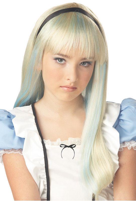 Alice Wig Blonde with Blue Streaks and Bangs Fits Child by HalloweenStore.com