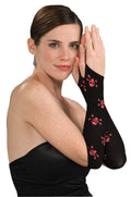 Women's Sexy Black and Red Skull Cross Bones Fingerless Arm Warmer Gloves by HalloweenStore.com