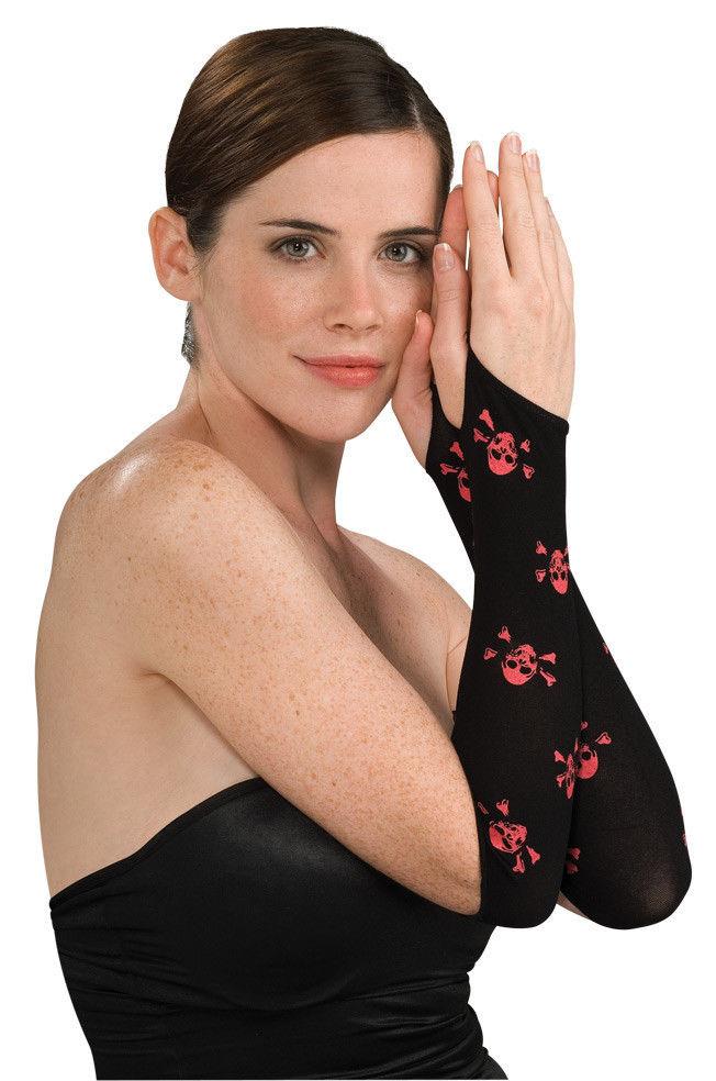 Women's Sexy Black and Red Skull Cross Bones Fingerless Arm Warmer Gloves by HalloweenStore.com