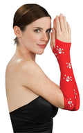 Women's Sexy Red with White Skull Cross Bones Fingerless Arm Warmer Gloves by HalloweenStore.com