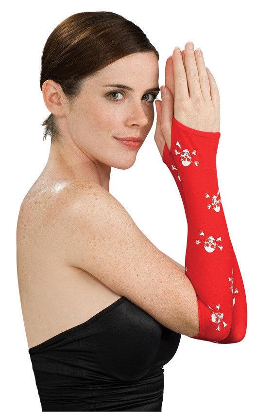Women's Sexy Red with White Skull Cross Bones Fingerless Arm Warmer Gloves by HalloweenStore.com