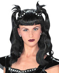 Black Dominatrix Wig Wavy Wig with Bangs and Pigtails with Studded Choker Accent by HalloweenStore.com