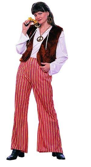 60's Groovy Female Hippie Adult Costume Fur Vest Striped Bell Bottom Pants by HalloweenStore.com