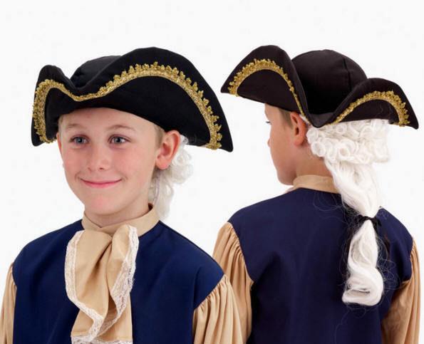 Child Tricorn Colonial Costume Hat with Attached White Wig by HalloweenStore.com