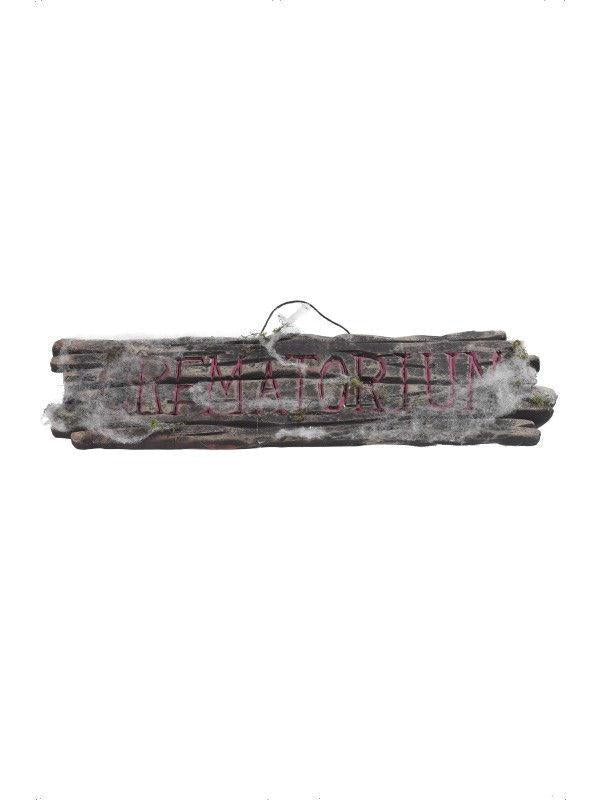 Wood Effect Crematorium Sign with Cobwebs Halloween Decor Prop by HalloweenStore.com
