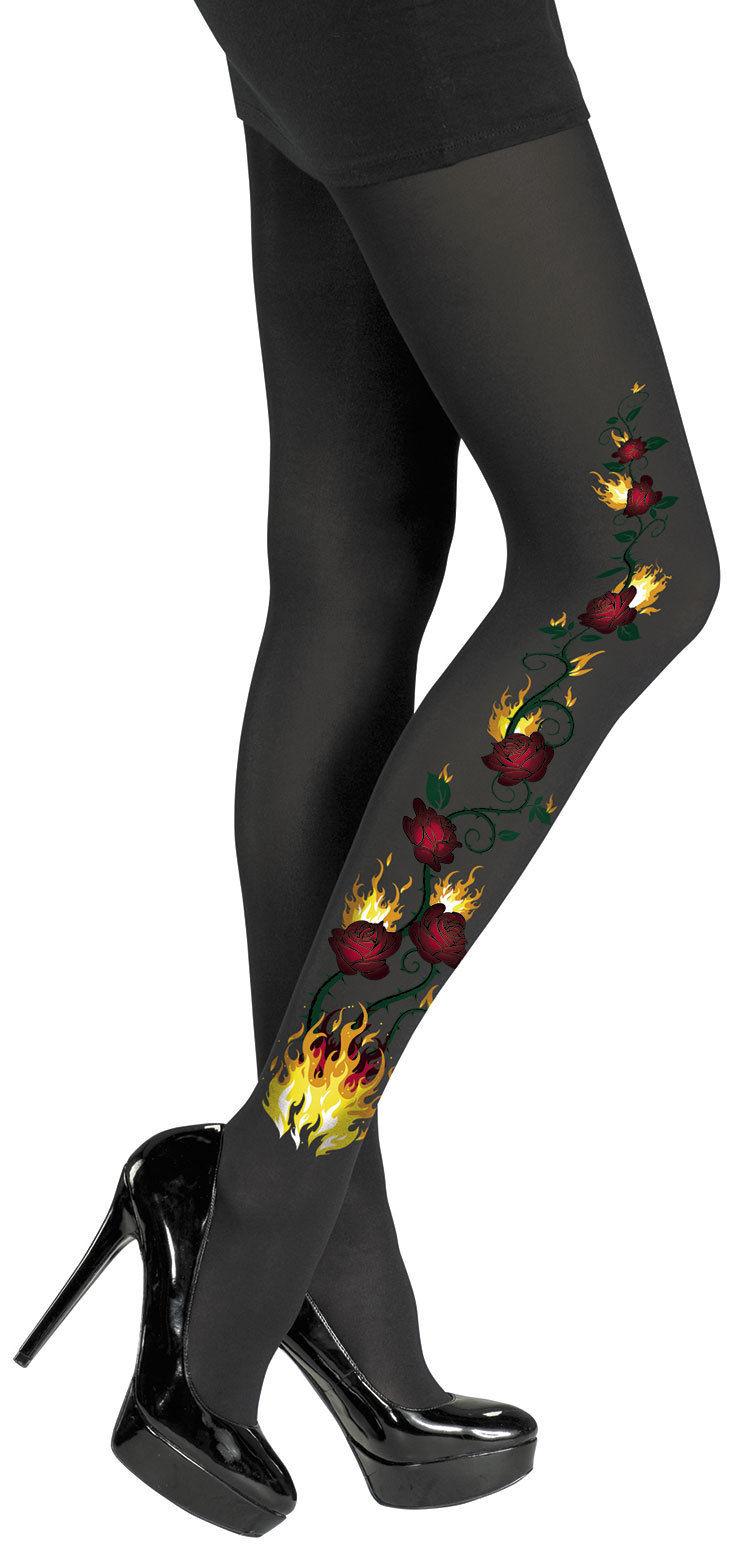 Flames and Roses Black Nylon Pantyhose by HalloweenStore.com