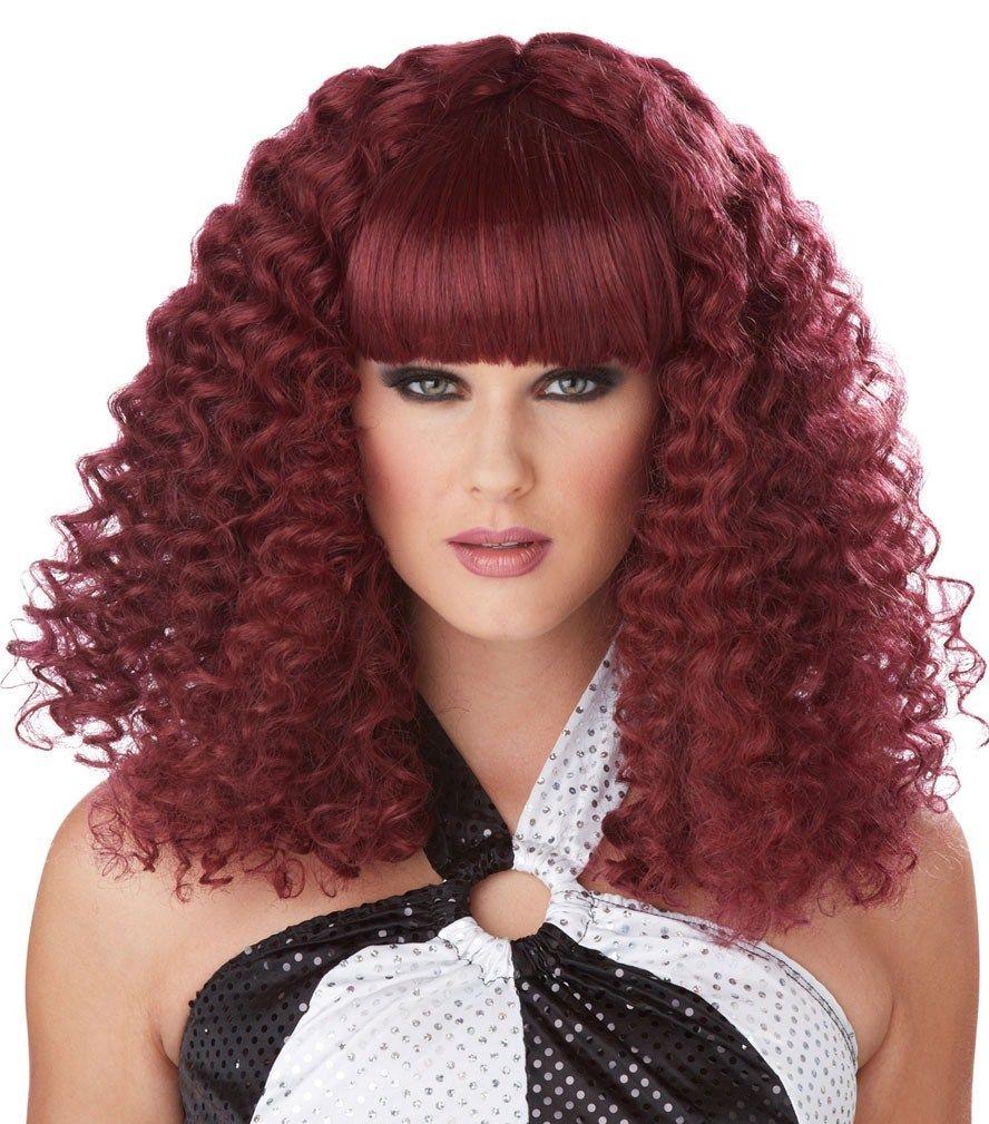 Burgundy Disco Lady Spiral Curl Wig with Bangs by HalloweenStore.com
