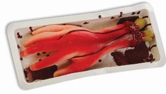 Bloody Banquet Hand in a Butcher's Meat Tray Halloween Haunted House Decor Prop by HalloweenStore.com
