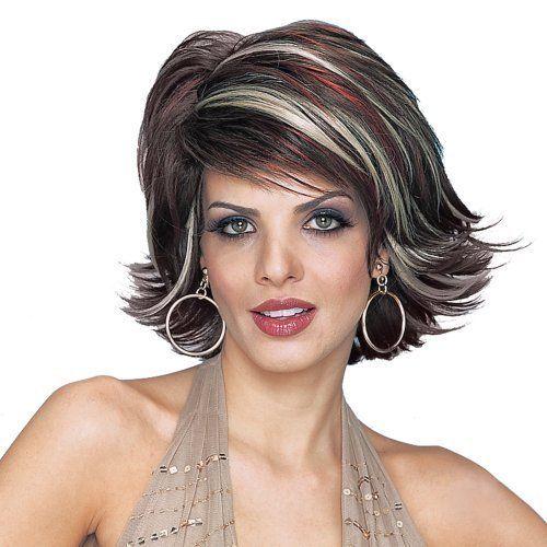 90's Mom Mixed Burgundy Short Layered Mocha Wig with Highlights by HalloweenStore.com