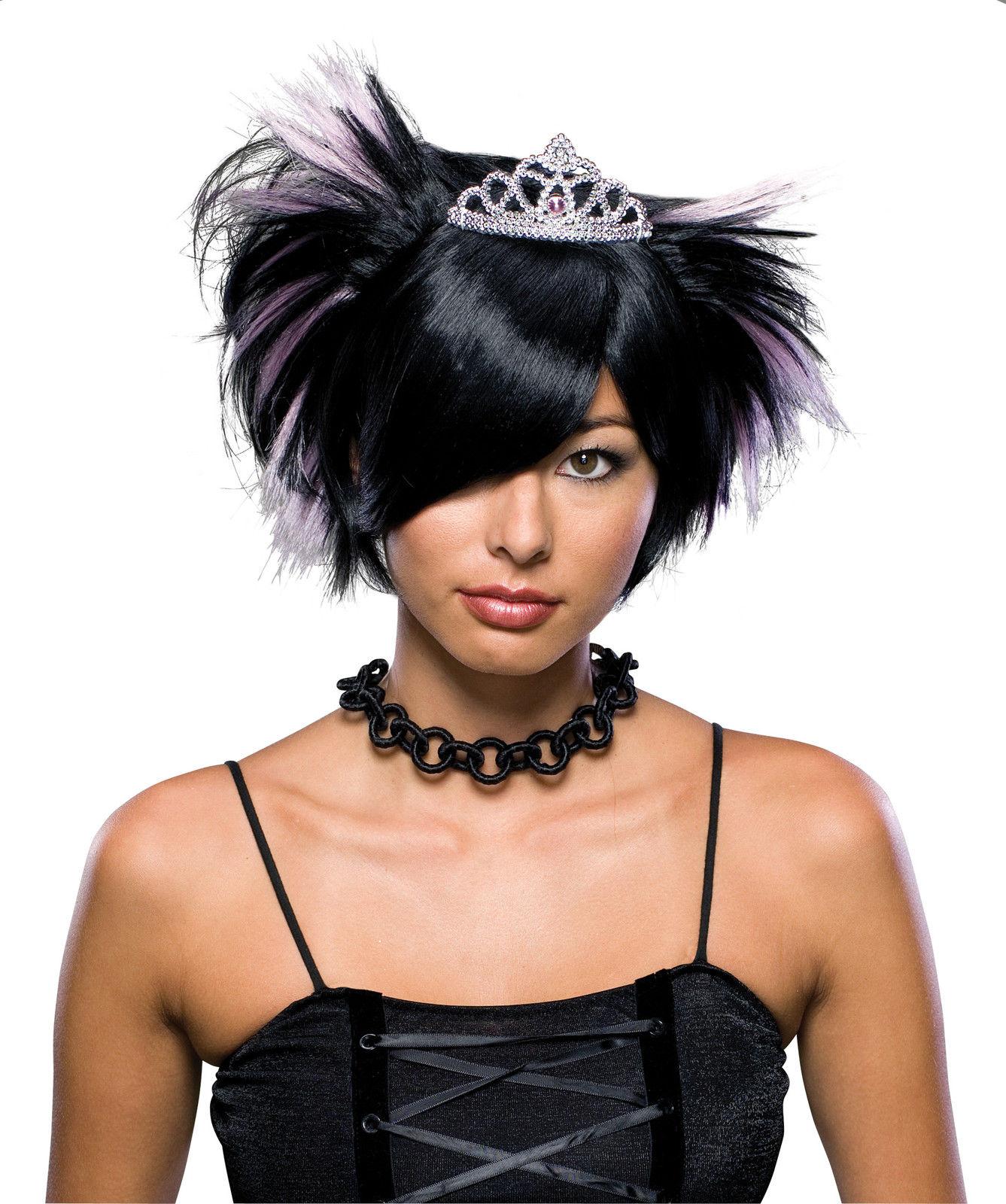Women's Short Spiky Black Emo Princess Gothic Wig with Tiara by HalloweenStore.com