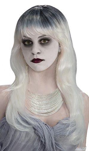 Haunted Ghost Long Gray and White Wig with Bangs by HalloweenStore.com