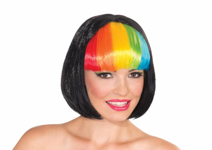 Black Short Rainbow Fantasy Bob Wig with Rainbow Bangs by HalloweenStore.com