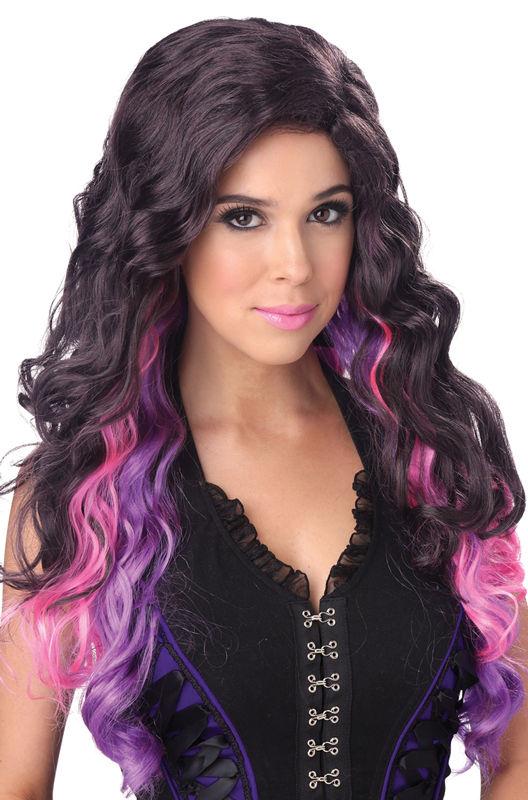 Brown Purple Pink Color Cascade Long Curly Wig by HalloweenStore.com
