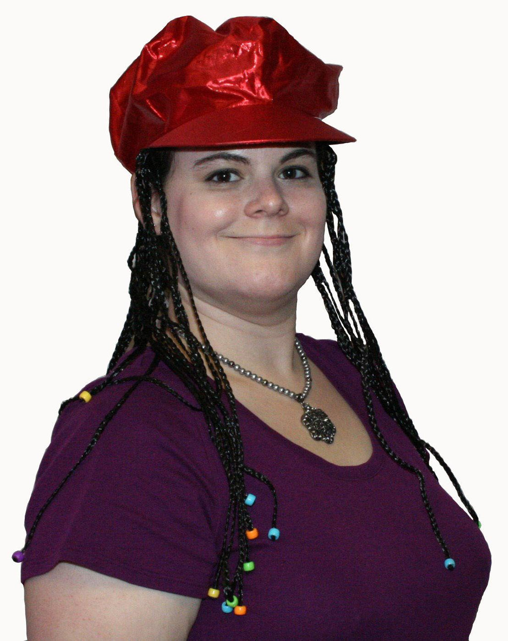 Red Alicia Go Go Cap with Attached Black Braids Wigs and Colorful Beads by HalloweenStore.com