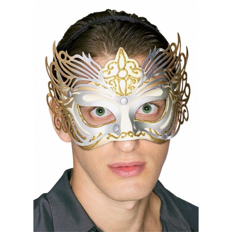 Gold & Silver Filigree Venetian Mardi Gras Eye Mask on a Headband by HalloweenStore.com