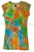 Orange Teal Green Peacock Feather Juniors Sublimation Tee Shirt Size Small by HalloweenStore.com