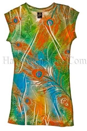 Orange Teal Green Peacock Feather Juniors Sublimation Tee Shirt Size Small by HalloweenStore.com