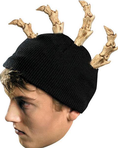 Bone Mohawk Beanie Black Knit Hat with Bone Spikes by HalloweenStore.com