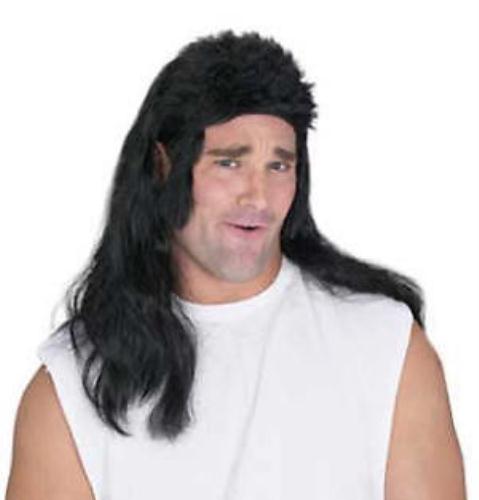 Black Flat Top Mullet Wig With Chops by HalloweenStore.com